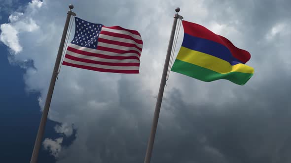 Waving Flags Of The United States And The Mauritius 4K