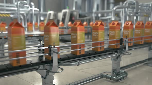 Automated Manufacturing Plant Conveyor Mechanism Moves Peach Juice Cartons alt