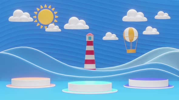 Colorful cartoon landscape with a lighthouse