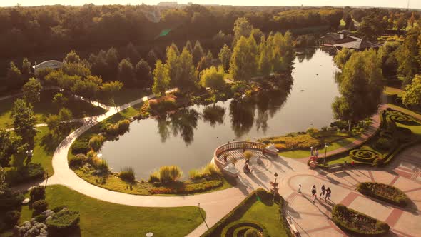 Aerial View on a Decorative Garden Park Pond