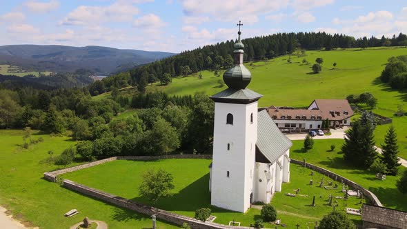 Aerial view of the church in the locality of Kremnicke Bane in Slovakia