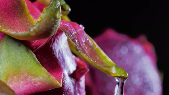 Wet Ripe Pitahaya Water Drip Over the Surface of Dragonfruit