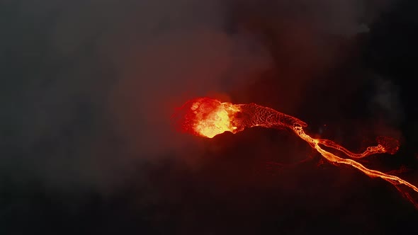 Night Aerial View of Active Volcano Crater and Lava Show