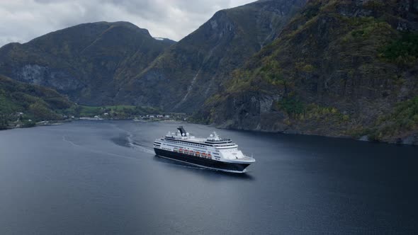 Aerial Drone Shot of Giant Cruise Ship in Norway