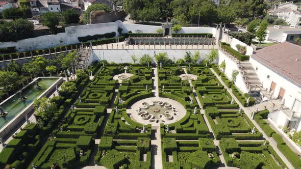 Aerial flyback over garden of Episcopal Palace of Castelo Branco, Portugal