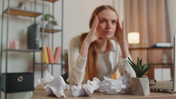 Angry Furious Woman Working at Home Office Throwing Crumpled Paper Having Nervous Breakdown at Work