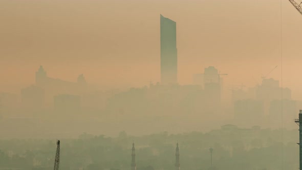 Aerial View to Dubai Creek with Festival City During Sunrise Timelapse