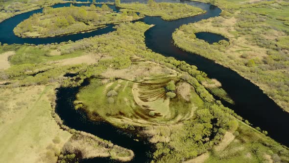 Green Landscape Aerial View Green Forest Woods And Curved River Landscape In Sunny Spring Day