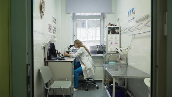 Woman Doctor Looks in a Microscope