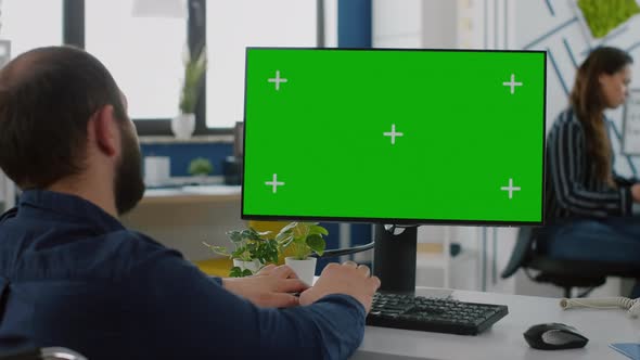 Paralized Invalid Businessman Sitting on Couch Using Pc with Green Screen