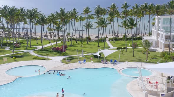 Family friendly pool area at La Ensenada project in Caribbean; aerial