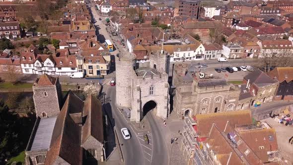 Aerial shot of the Westgate Towers in Canterbury, Kent