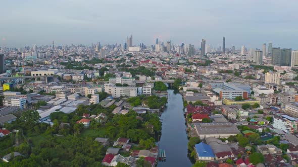 Aerial view of the Giant Golden Buddha in Wat Paknam Phasi Charoen Temple