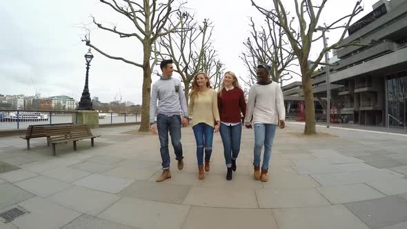 Multiracial group of friends walking in London