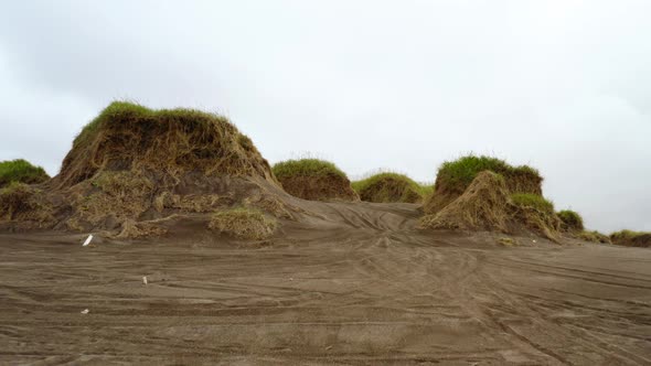 Dune Mound With Green Grass Near Black Sand Beach In Reykjanes Peninsula, Iceland. Dolly Shot