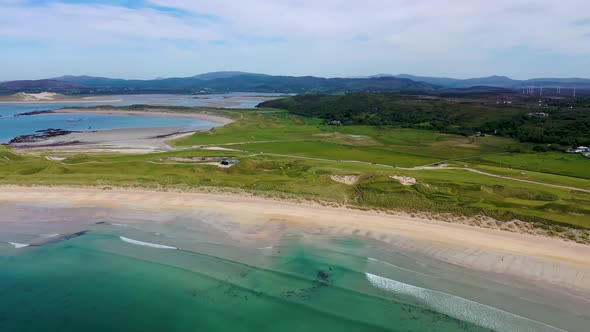 Aerial View of the Awarded Narin Beach By Portnoo and Inishkeel Island in County Donegal, Ireland.