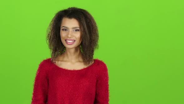 Gesture Fingers Okay Showing Smiling Woman. Slow Motion, Green Screen