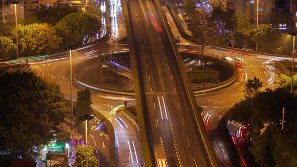 Guangzhou Night Roundabout Highway Traffic Aerial Cityscape Panorama China Timelapse Pan Up