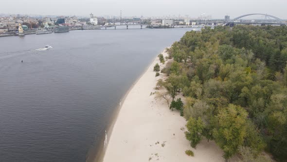 Dnipro River Near Kyiv City, Ukraine Aerial View. Dnieper, Kiev