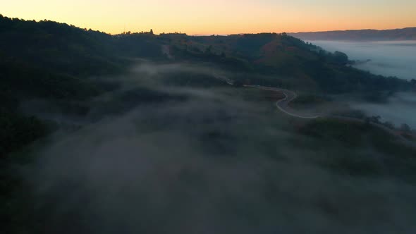 4K Aerial view of the misty sunrise in the forest. Tropical Rainforest in Thailand