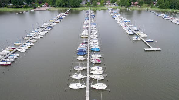 Drone Flying Over Steinhuder Meer Sailboat Harbor In Mardorf, Germany