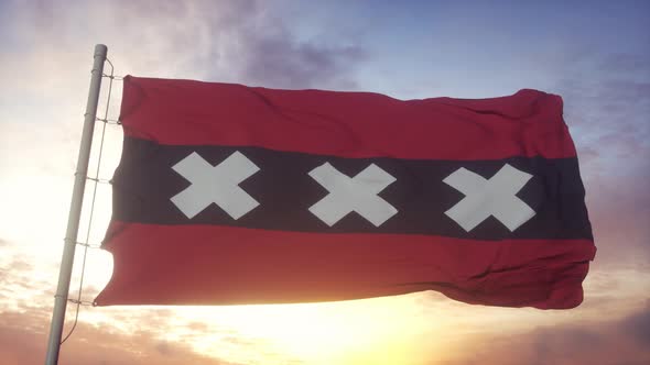 Flag of Amsterdam Capital City of Netherlands Waving in the Wind Sky and Sun Background