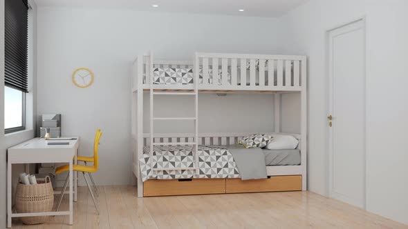 Modern Teen Room Interior With Bunkbed, Study Desk And Yellow Chairs
