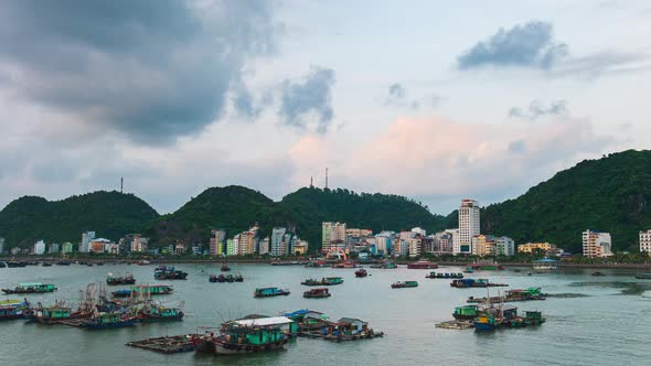 Time lapse: Vietnam Cat Ba bay at sunset with floating fishing boats on sea, cloudscape 