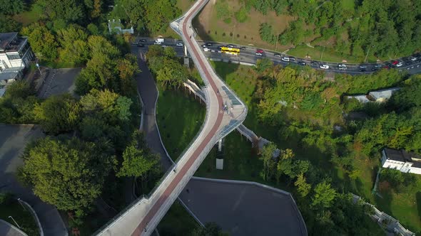 Drone Aerial View Beautiful Kyiv Pedestrian and Bicycle Klitschko Bridge