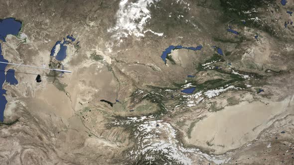 Route of a Plane Flying To Almaty Kazakhstan on the Map