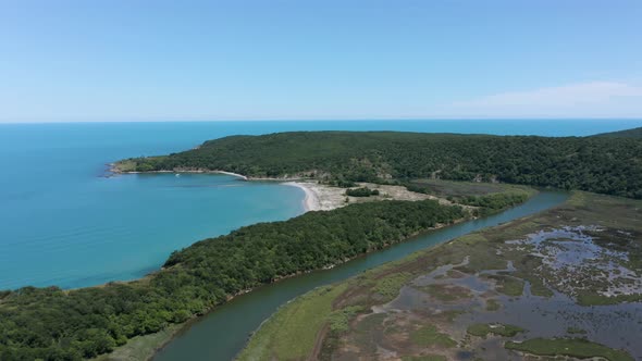 Drone flight above a picturesque river valley