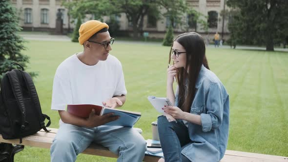 Couple of International Students Working on a University Project in the Campus Sitting on a Bench
