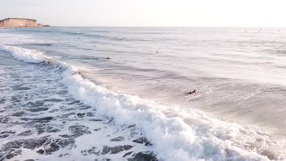 Large Ocean Waves Splashing With Surfers Enjoying Summer Holiday In Olon Beach, Ecuador. - Aerial Wi