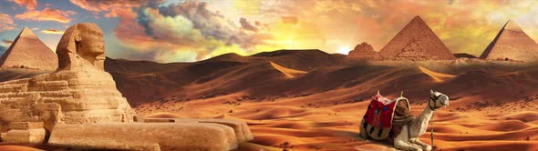 Wide Screen Arabian desert landscape and Oasis Egypt pyramid valley 02
