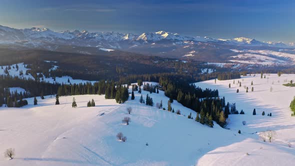 Aerial view of snowy Tatra mountains at winter, aerial view