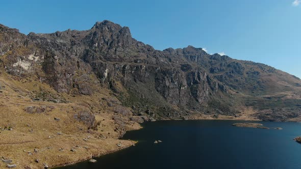 4k aerial drone footage over the 4th lagoon of Pichgacocha from Ambo, Huanuco, Peru in the Andes mou