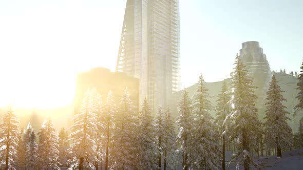 Sity and Forest in Snow at Sunrise alt