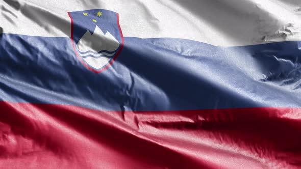 Slovenia textile flag waving on the wind. Slow motion. 20 seconds loop.