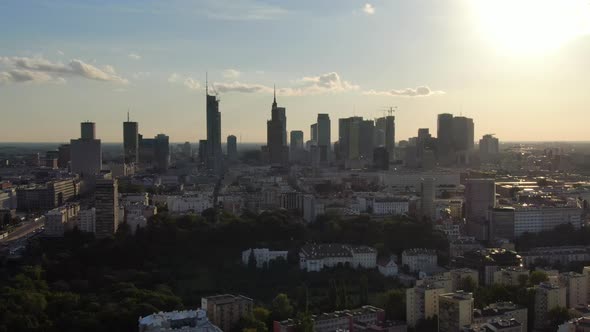 Warsaw downtown seen from a drone during sunset, Poland