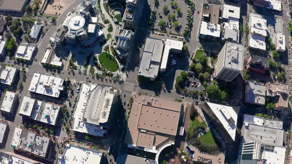 Top down aerial over Boise, Idaho's downtown sector. Prominently featuring Jack's Urban Meeting Plac