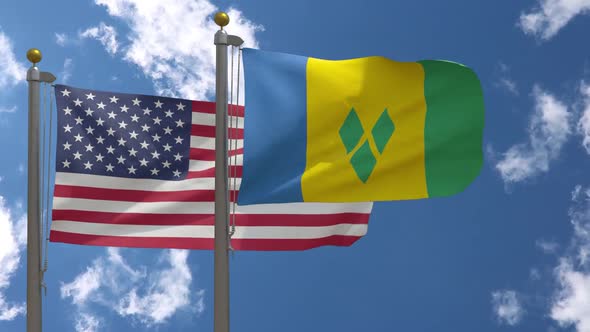 Usa Flag Vs Saint Vincent And The Grenadines Flag On Flagpole