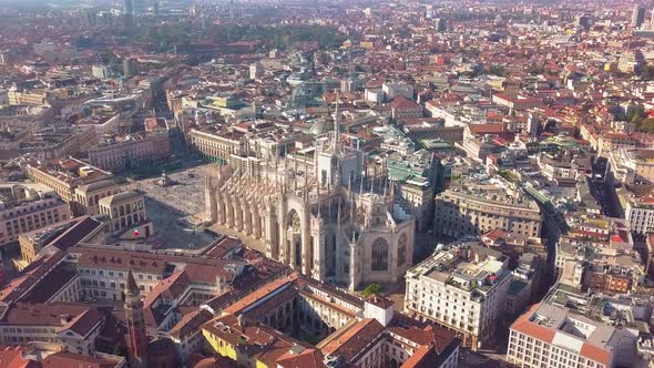 Aerial Drone Footage of Famous Statue on Cathedral Duomo of Milan Italy