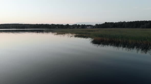 Aerial view towards reed at a lake, above tranquil and calm waters, at a sunny autumn dusk, in Finla