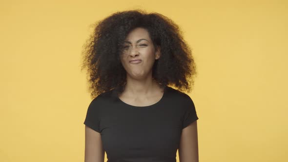 Cute African American Girlfriend with Afro Hairstyle Disapprove Proposal Shaking Head in Negative