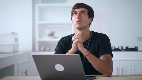 Stress Young Business Man Freelancer Sitting at Kitchen Desk in Home Office His Desperate Holds His