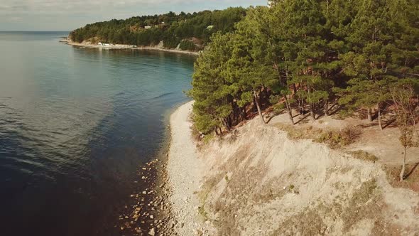 Flying Over the Sea and Wild Beach in a Mountainous Forest Area