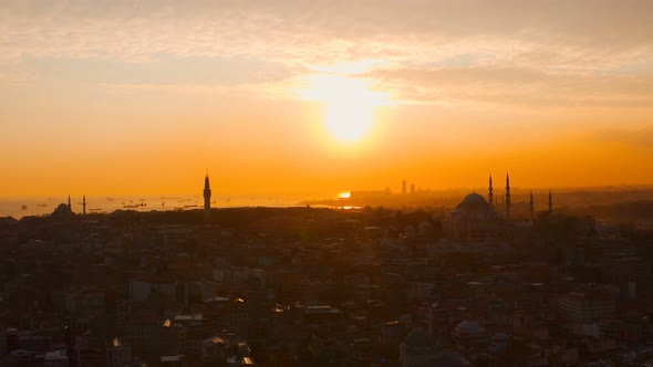 Aerial Istanbul City And Sea Sunset With Ships