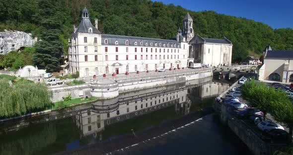 Aerial view of Benedictine Abbey of Brantome and river, France