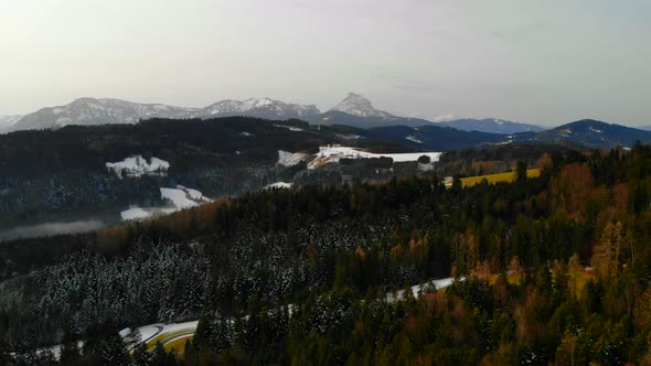 Drone Video with Mountein and Forest and Village in the Winter