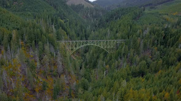 Aerial flying away from green abandoned bridge in the middle of a rural forest.